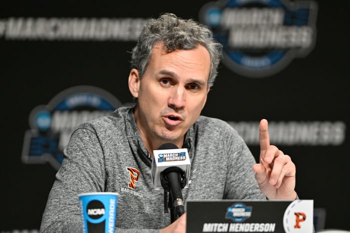 Mar 23, 2023; Louisville, KY, USA; Princeton Tigers head coach Mitch Henderson answers a question during a press conference for their NCAA Tournament South Region game at KFC YUM! Center. Mandatory Credit: Jamie Rhodes-USA TODAY Sports